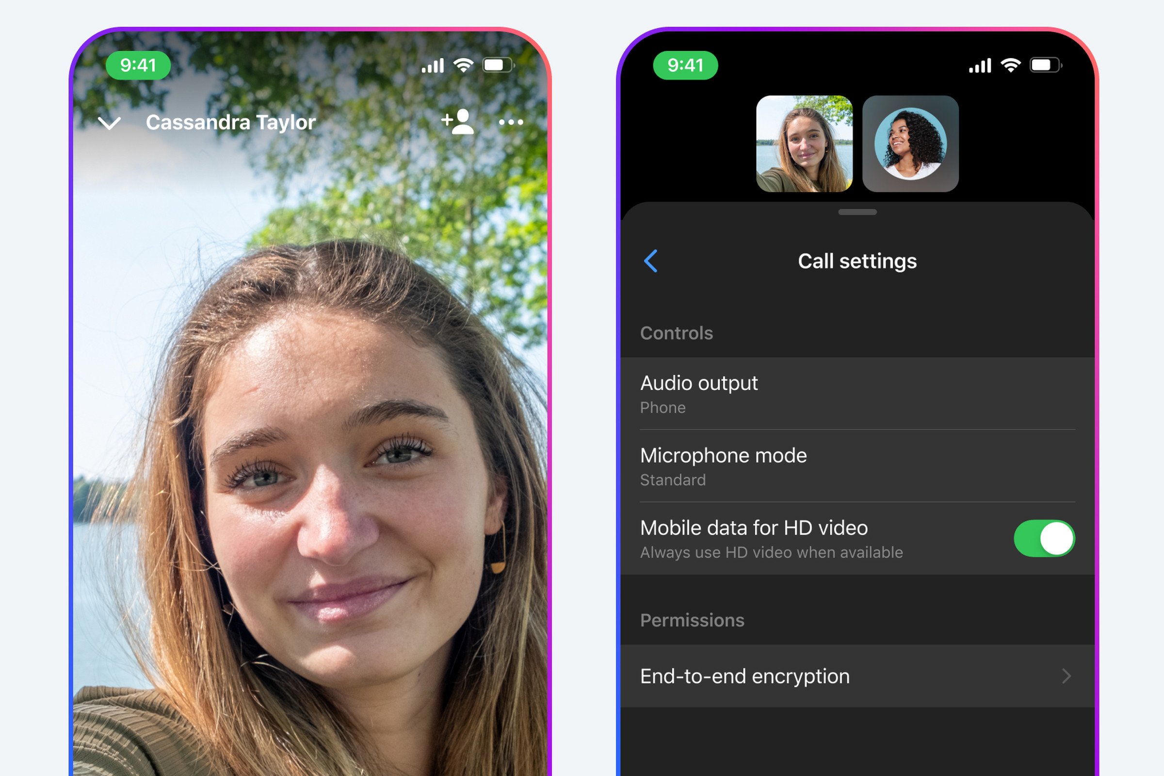 Two smartphone screenshots of the Messenger video calling feature. Left: the person making the call; right: call settings screen.