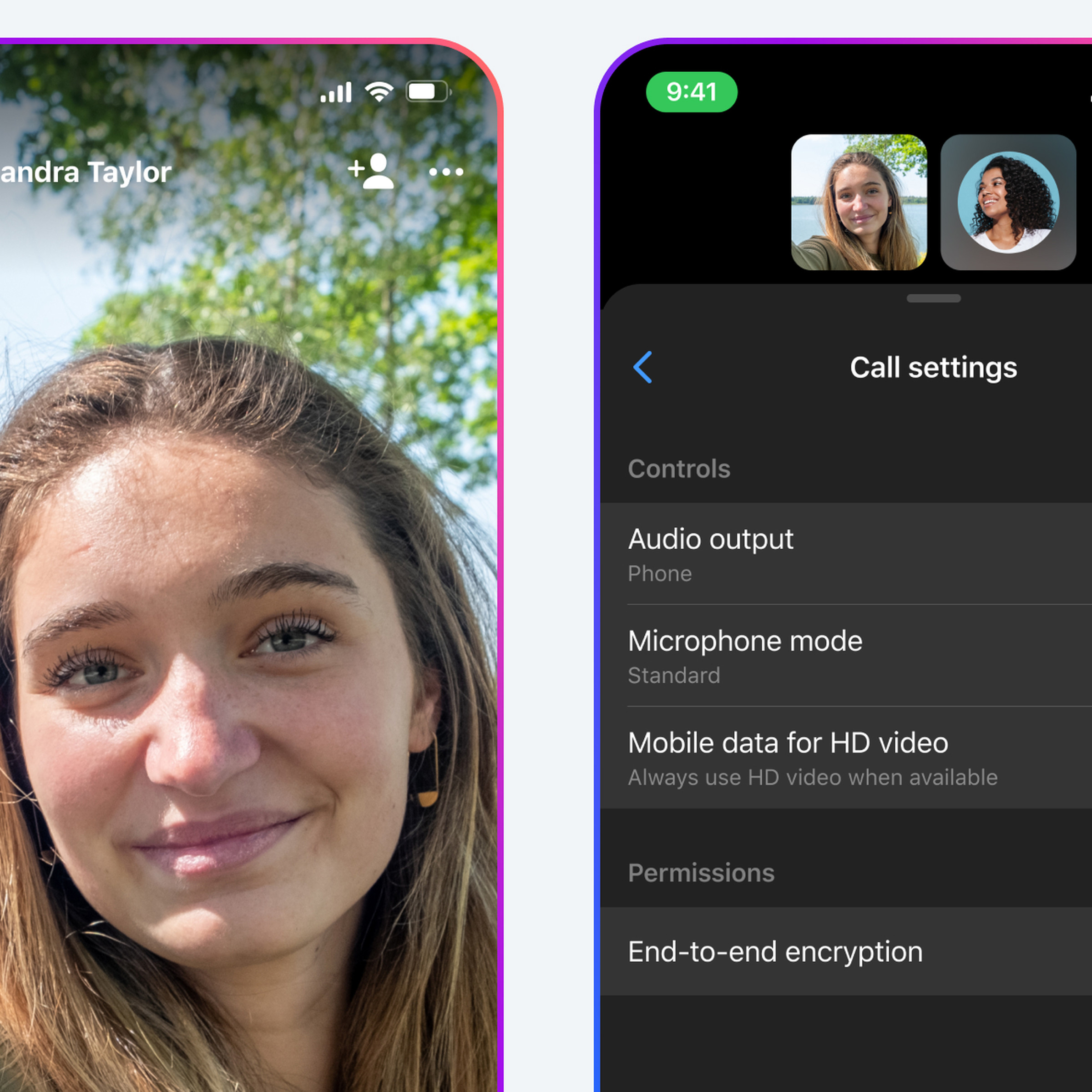 Two smartphone screenshots of the Messenger video calling feature. Left: the person making the call; right: call settings screen.