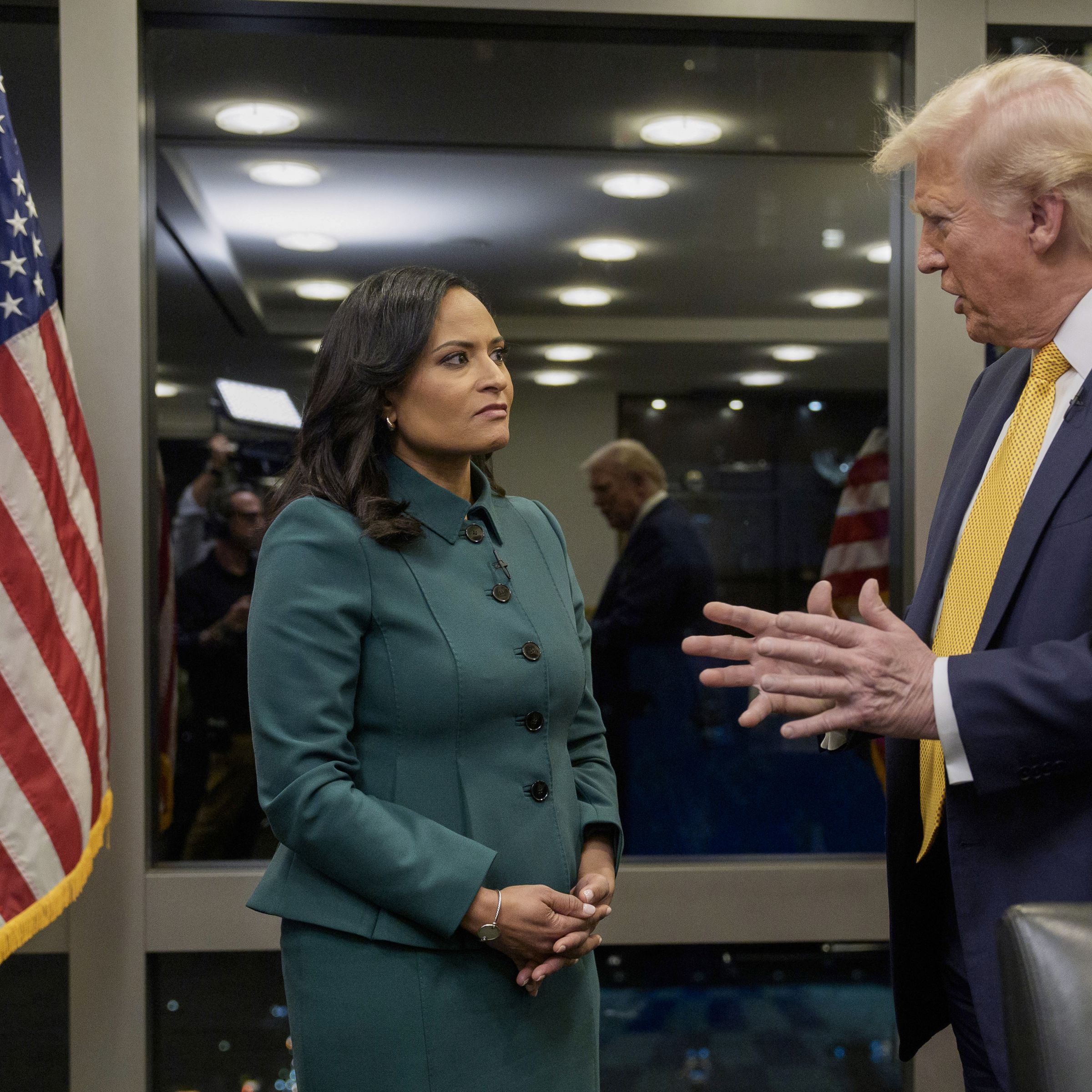 A picture of Donald Trump talking with Kristen Welker.