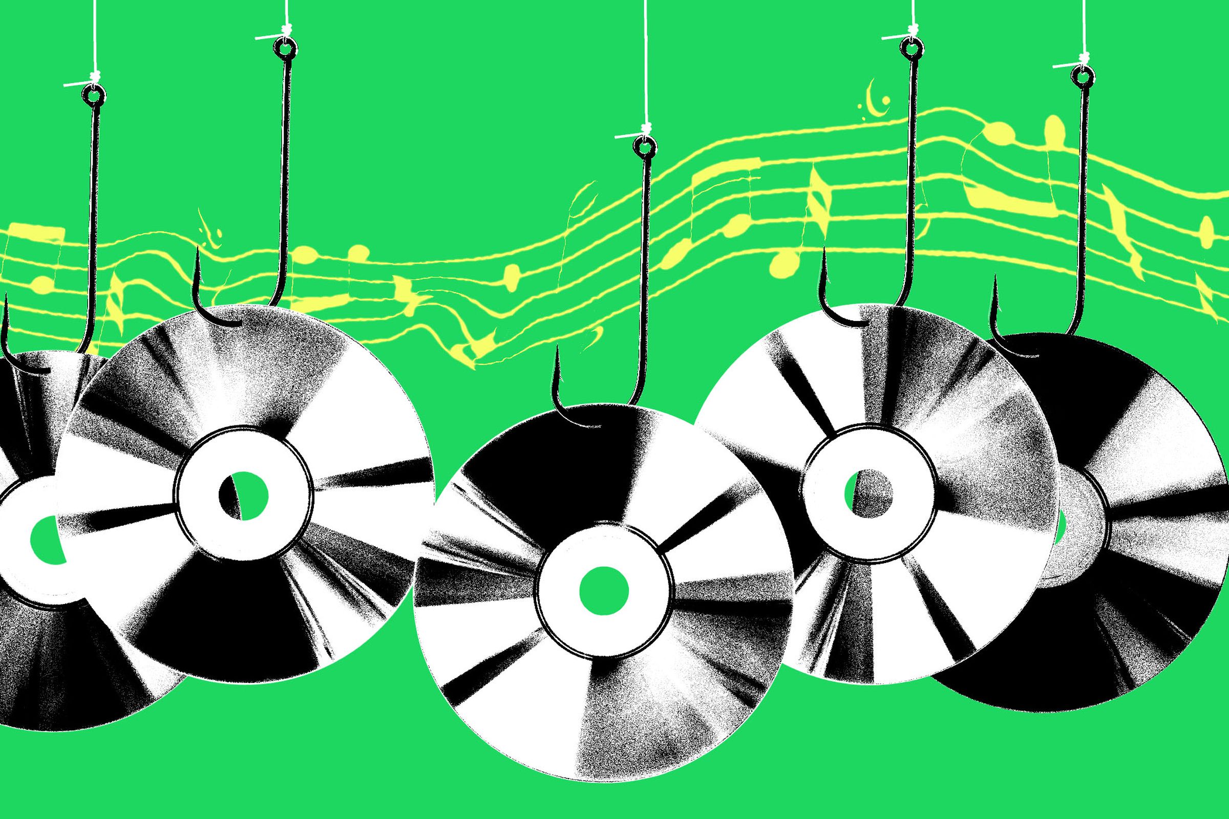 CD’s hanging on fishhooks to represent AI scam albums.