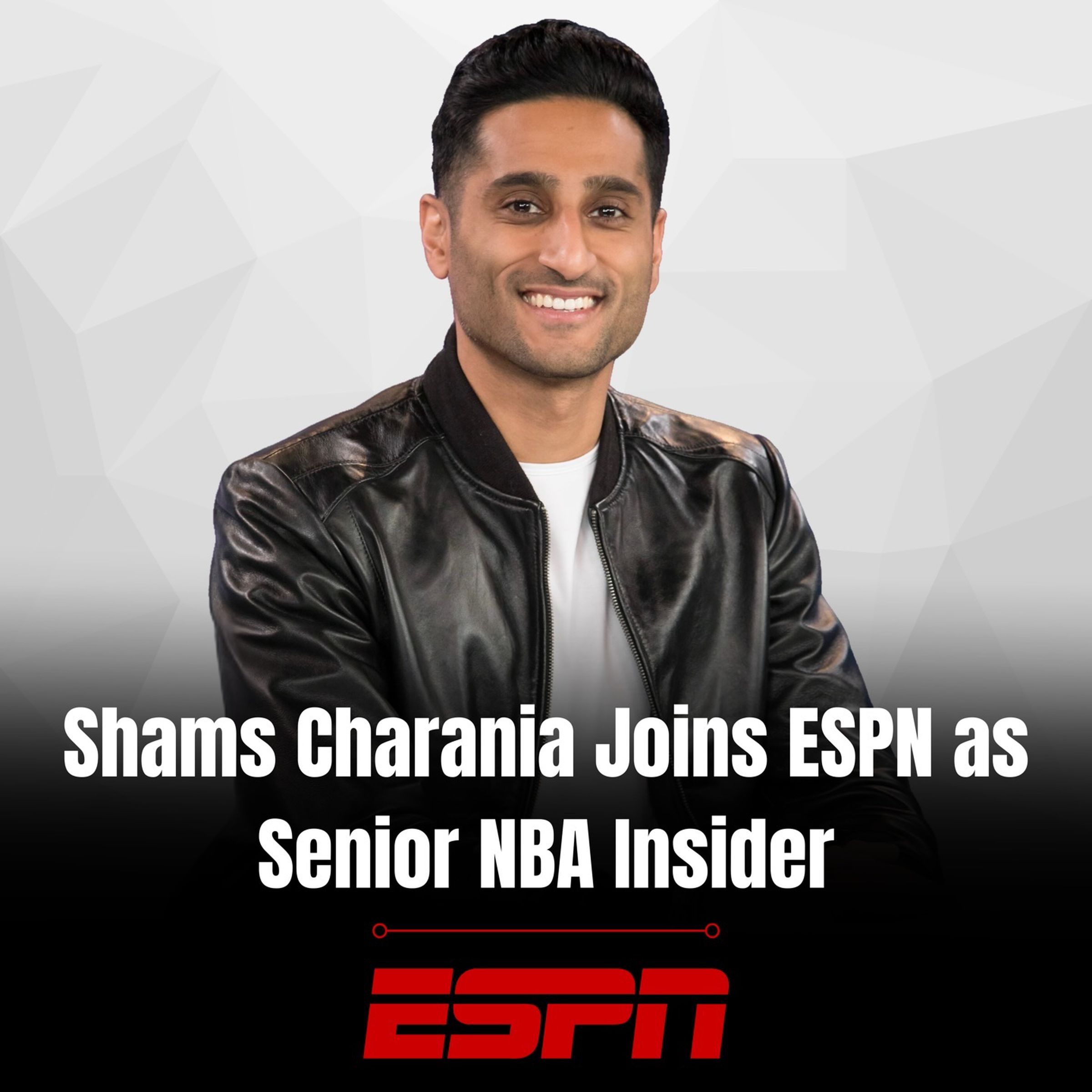 Picture of Shams Charania in profile, with the words “Shams Charania joins ESPN as Senior NBA Insider.”