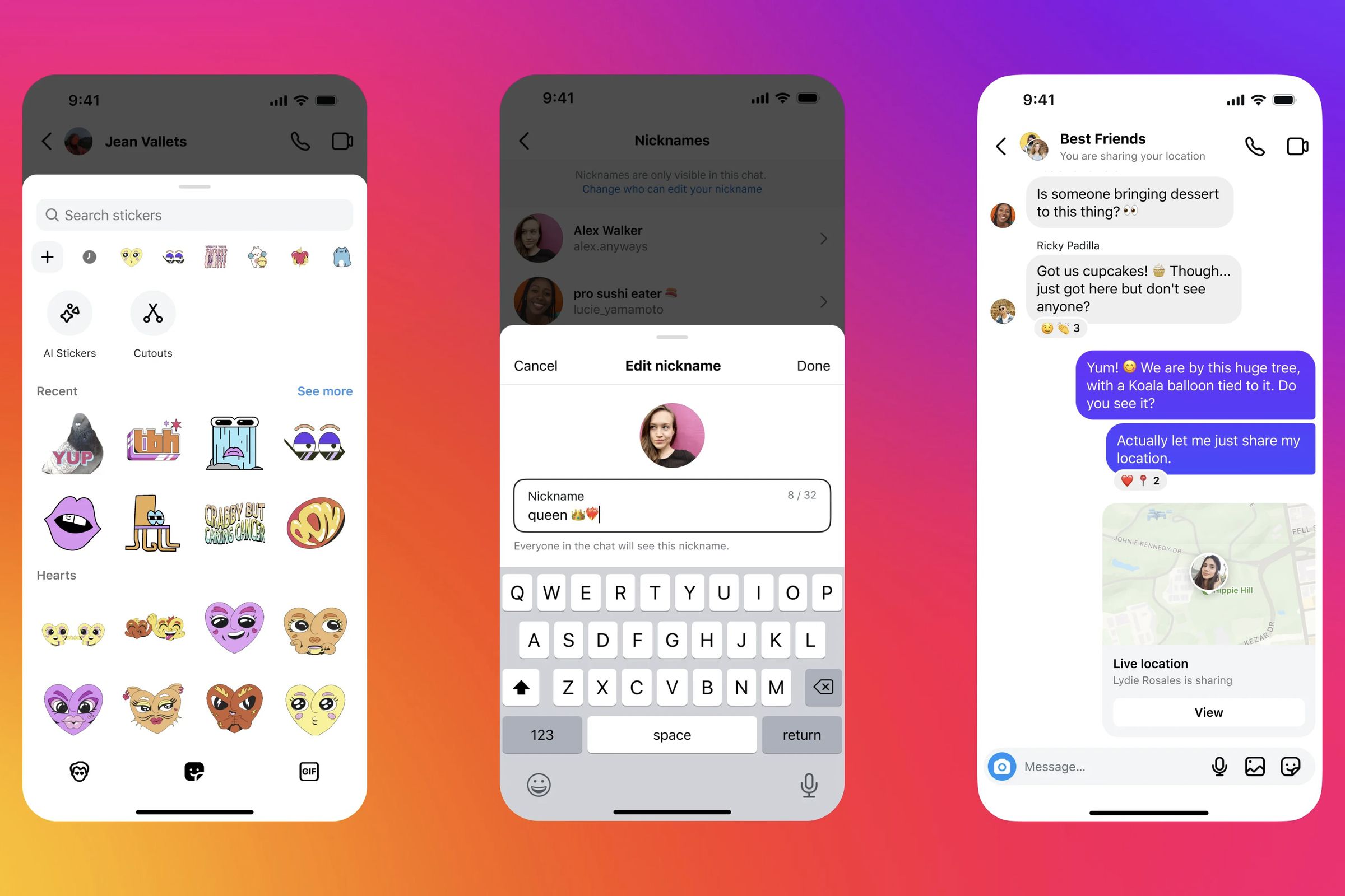 three instagram screenshots: grid of stickers, nickname “queen,” and a chat showing the location of the sender.