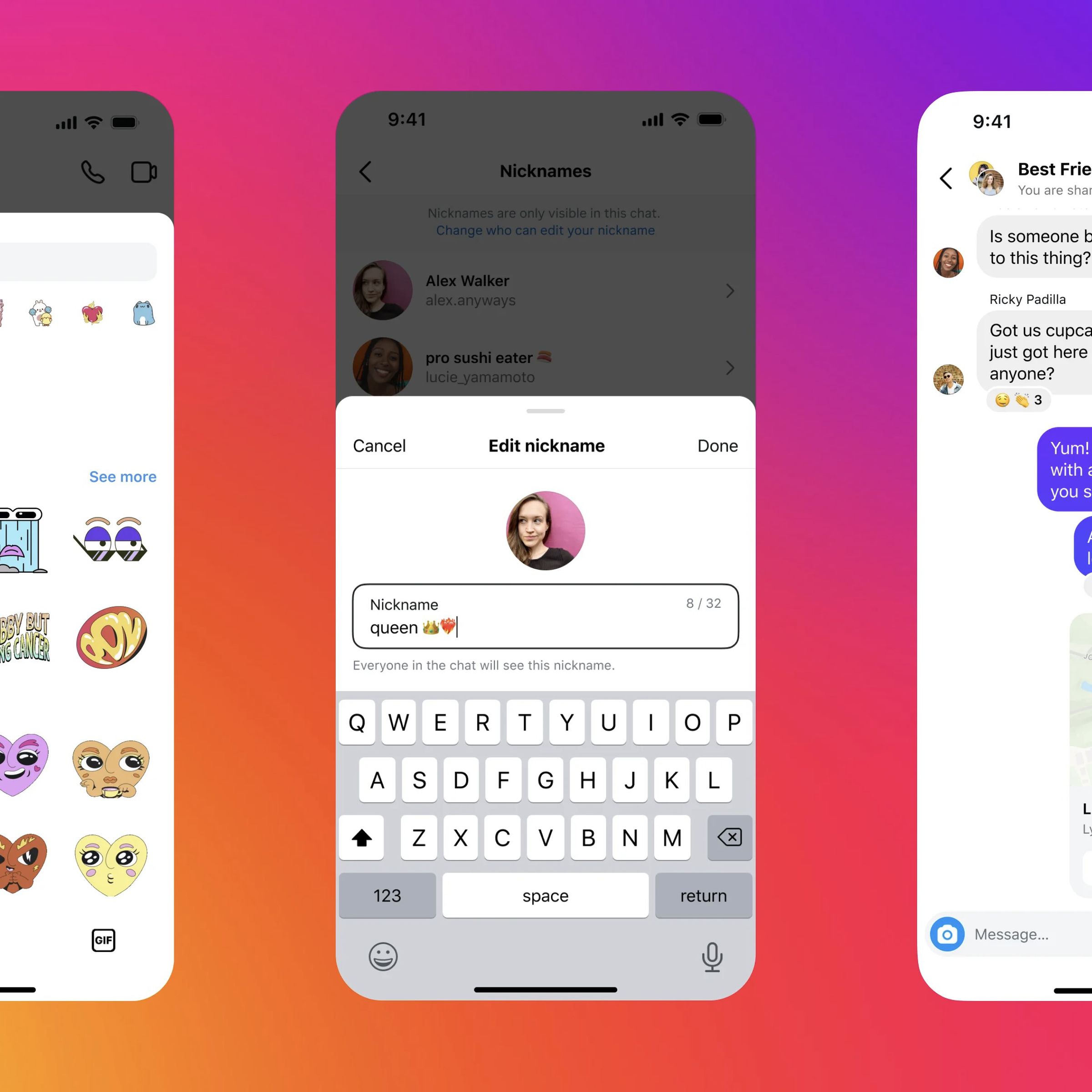 three instagram screenshots: grid of stickers, nickname “queen,” and a chat showing the location of the sender.