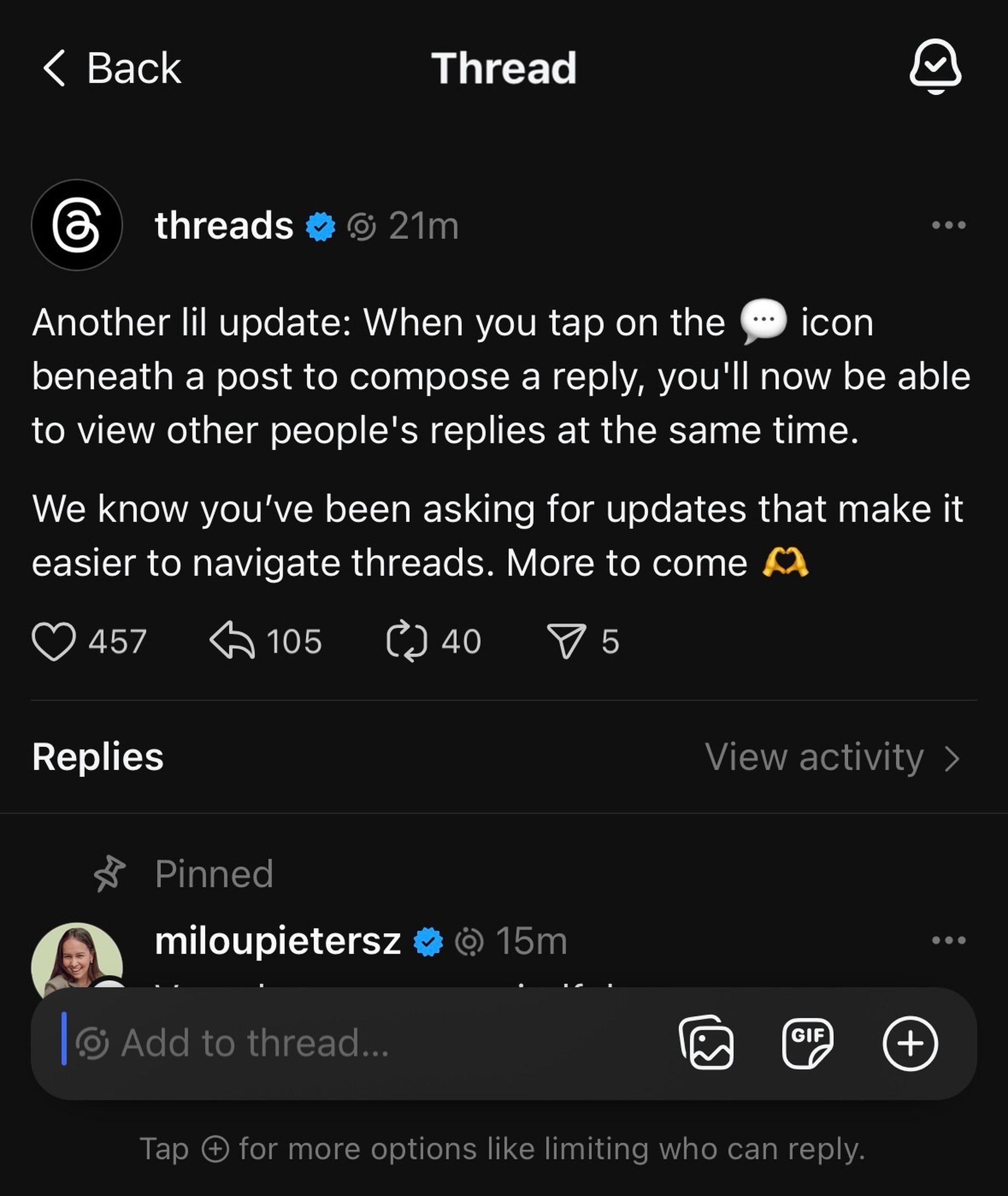 A screenshot from the Threads account showing a compose window over other replies.