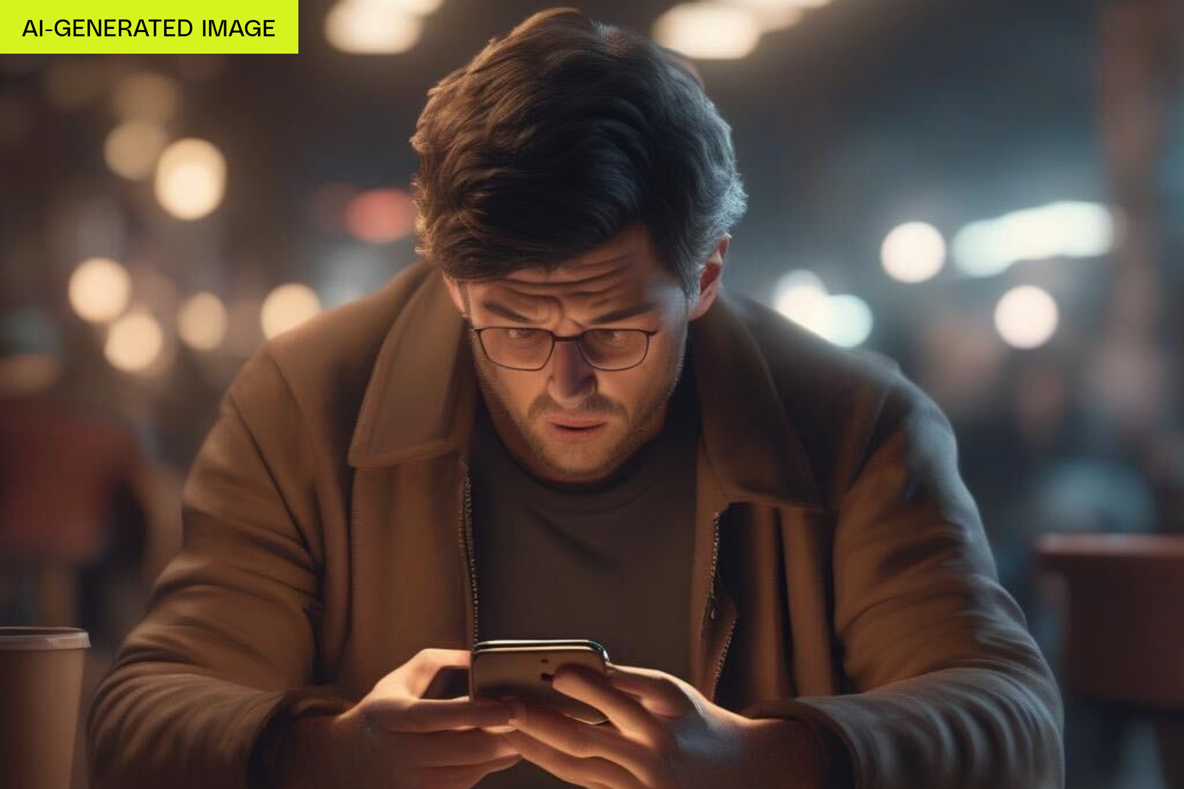 An AI-generated image of a man with strange-looking hands looking at a phone.