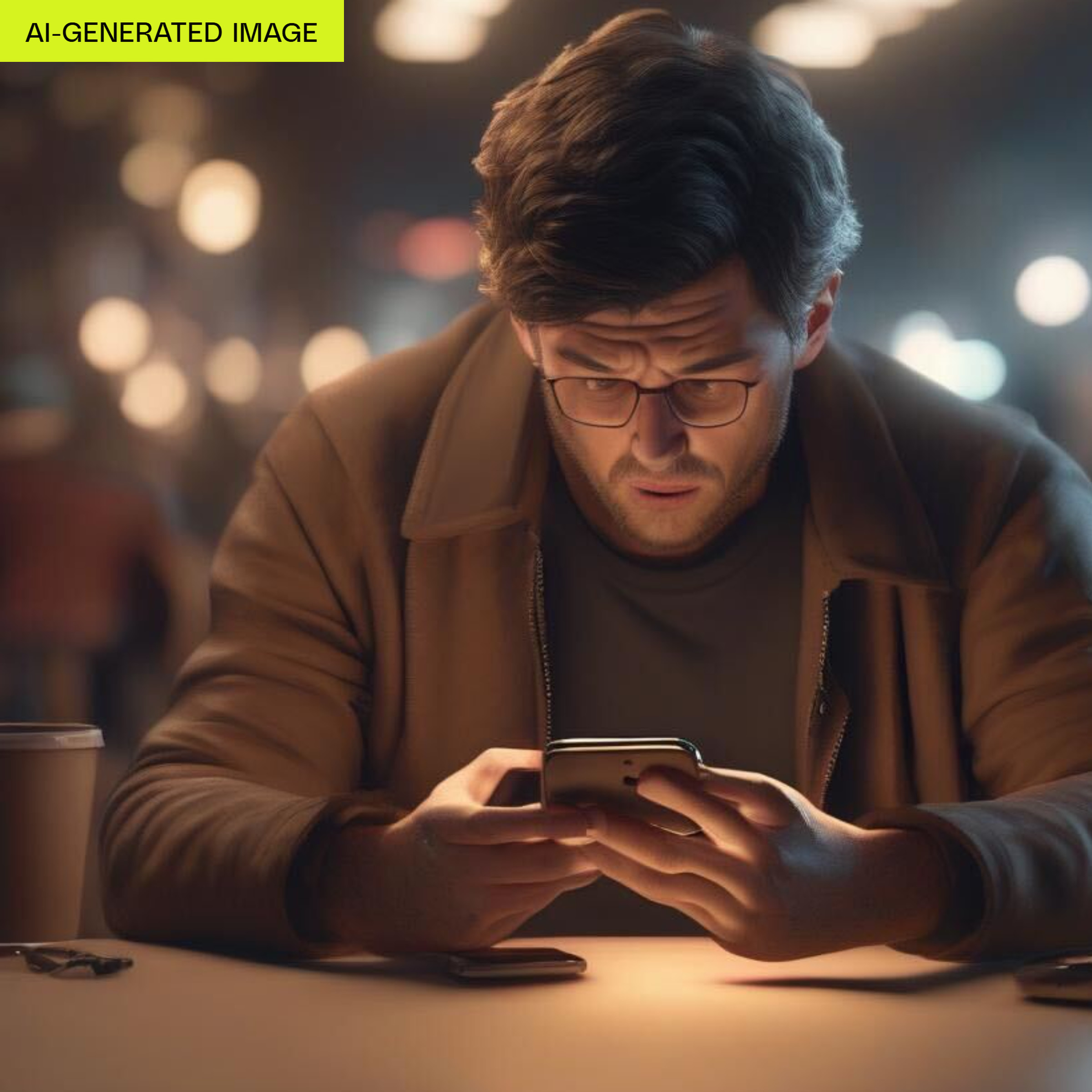 An AI-generated image of a man with strange-looking hands looking at a phone.