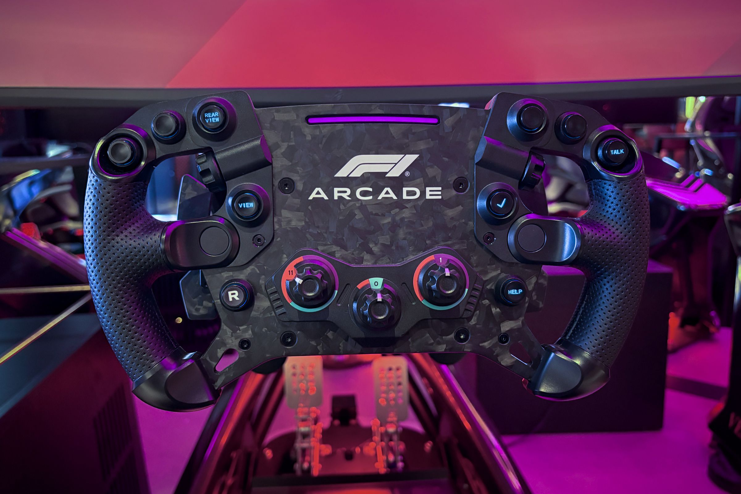 A racing simulator steering wheel.