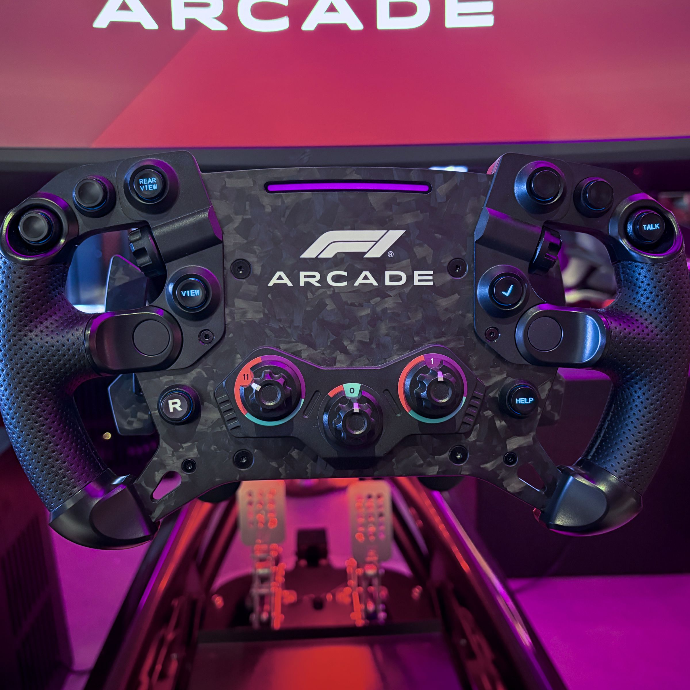 A racing simulator steering wheel.