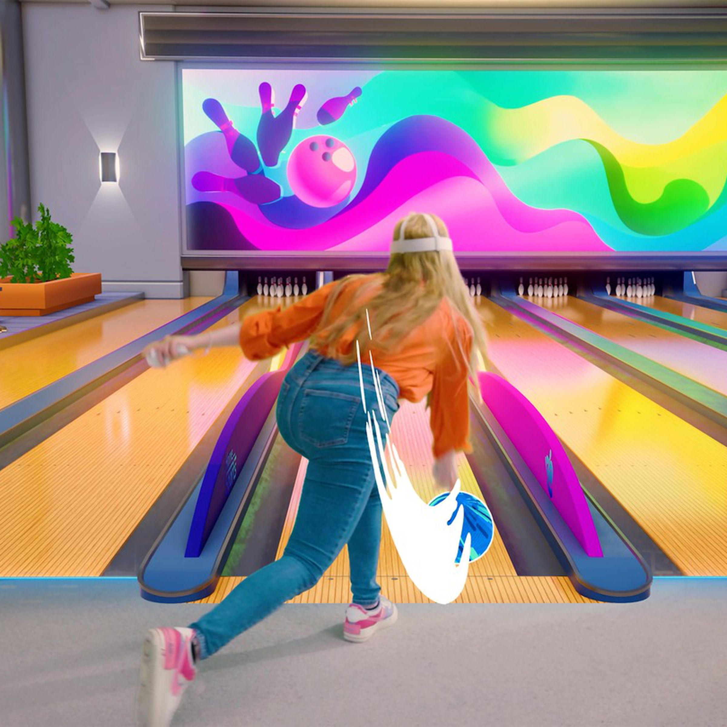 A picture of a person wearing an orange longsleeve shirt, jeans, and a Quest headset, swinging a virtual bowling ball toward a floating image of a bowling alley.