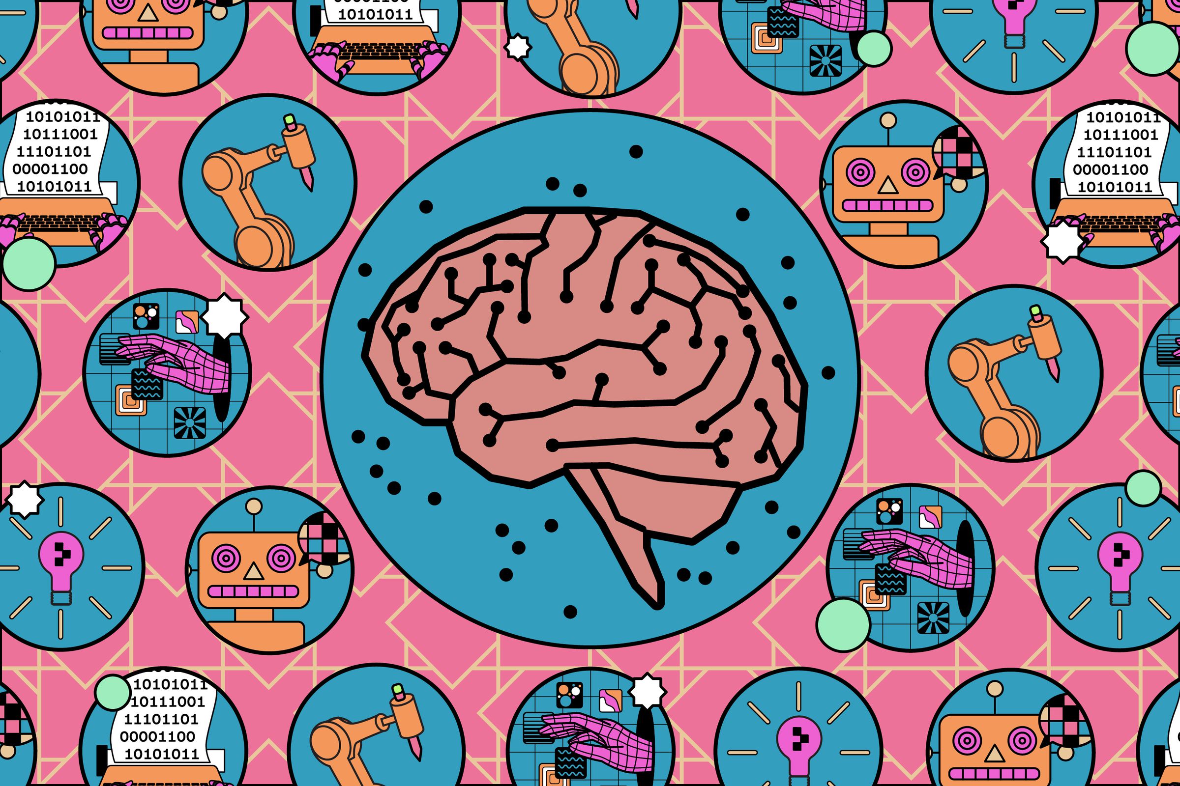 Vector illustration showing various aspects of using AI.
