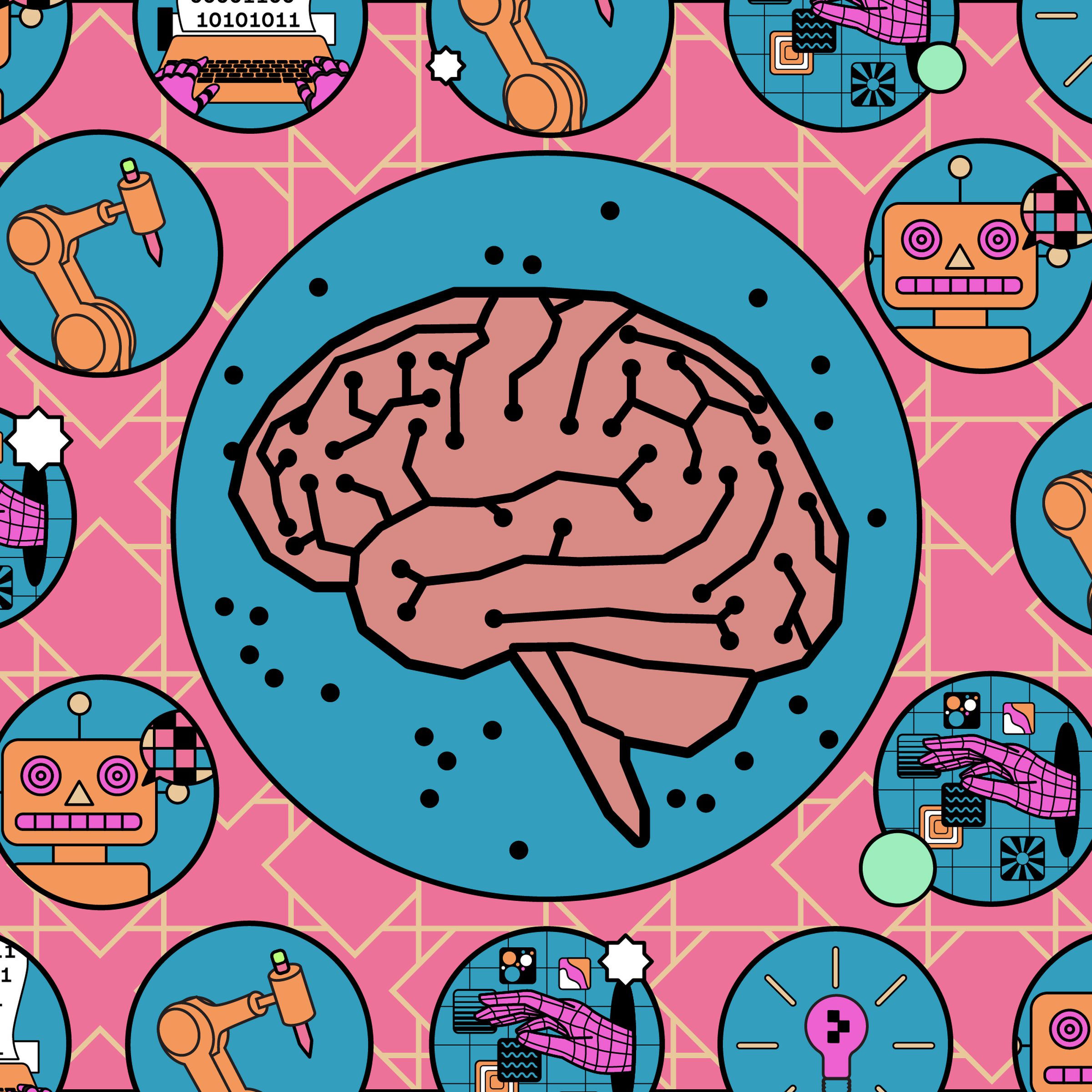 Vector illustration showing various aspects of using AI.
