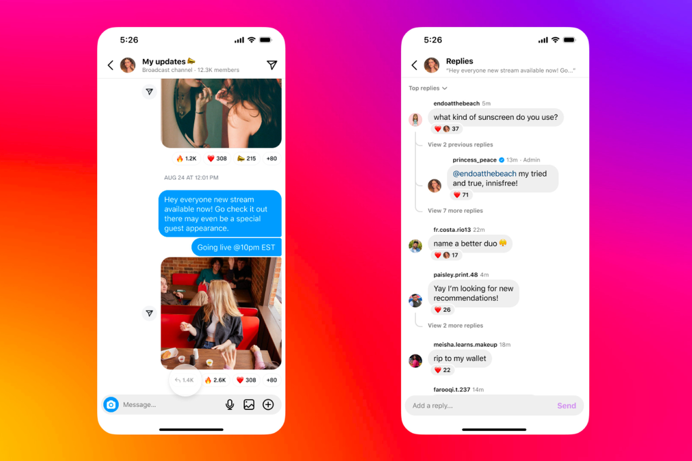 Broadcast channel replies allow participants to respond to messages as they can on Instagram posts.