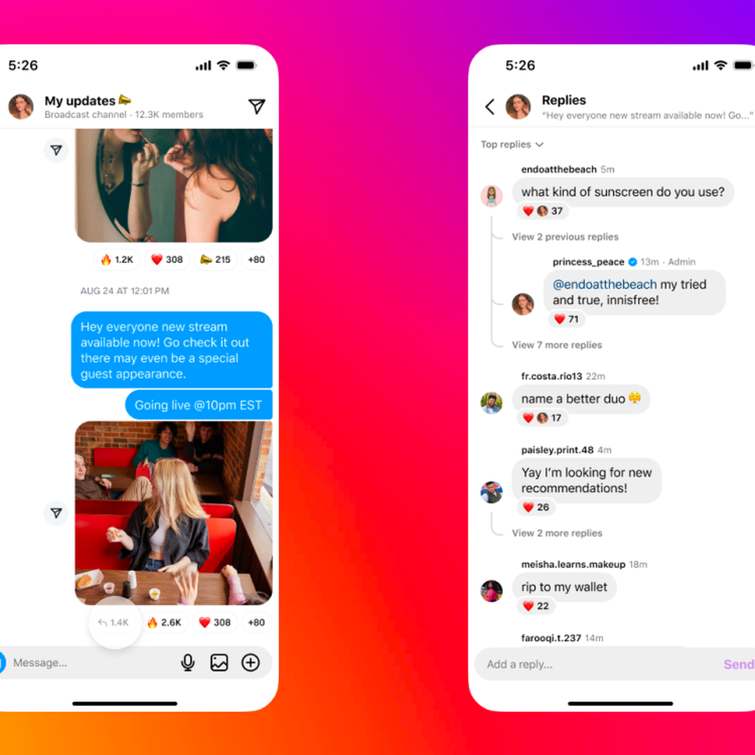 Broadcast channel replies allow participants to respond to messages as they can on Instagram posts.