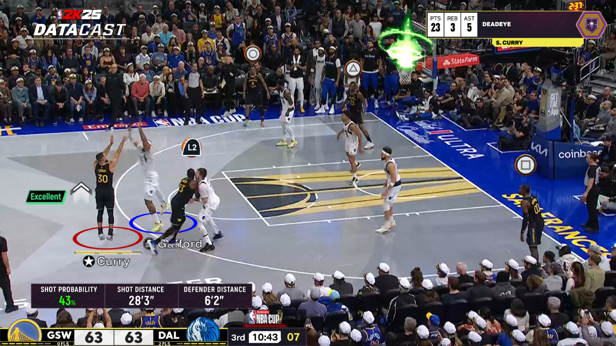 A photo showing an example of the NBA 2K25 overlays on an NBA game.