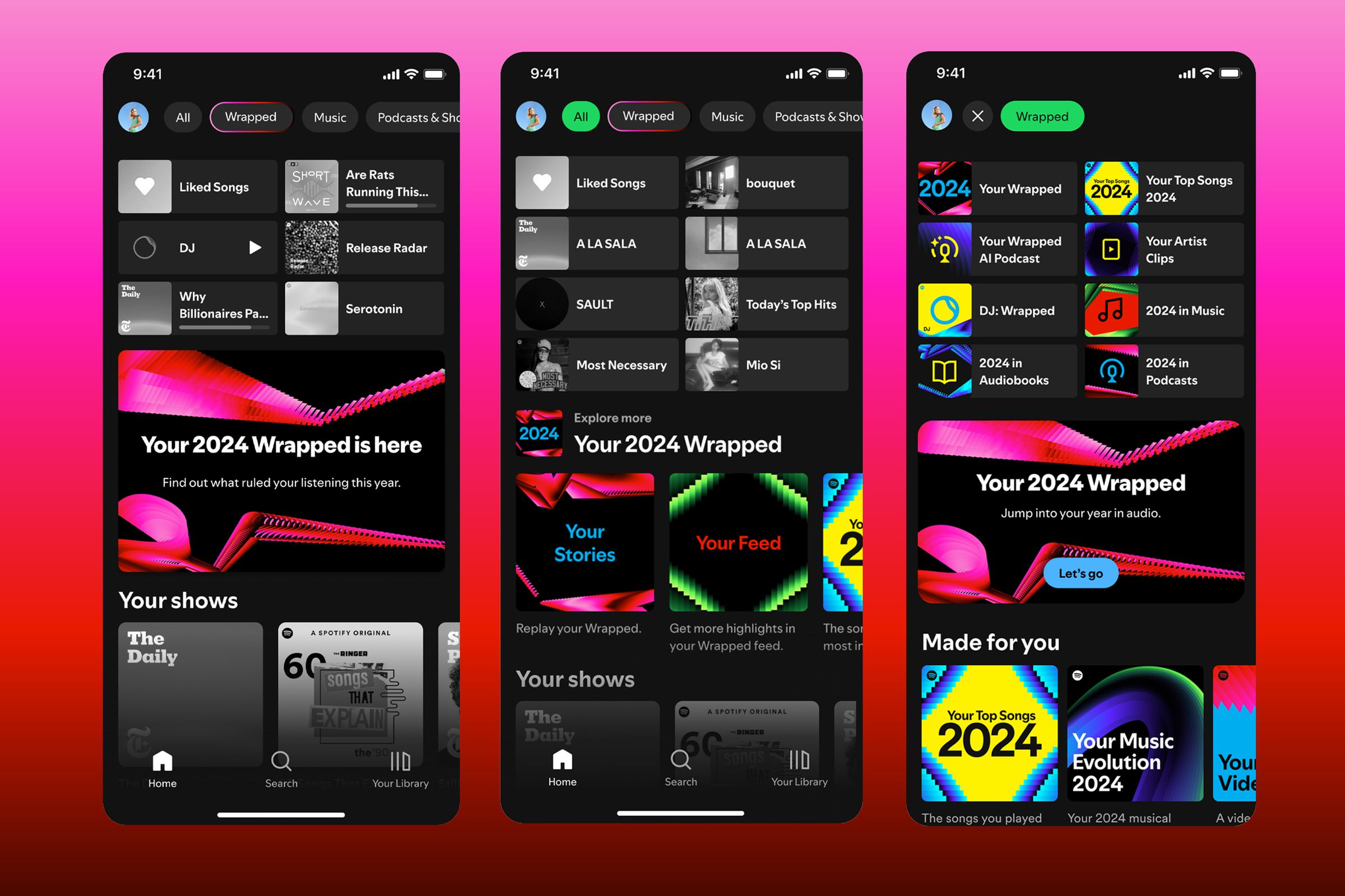 Simulated phone screens showing the Spotfy Wrapped section in the mobile app.