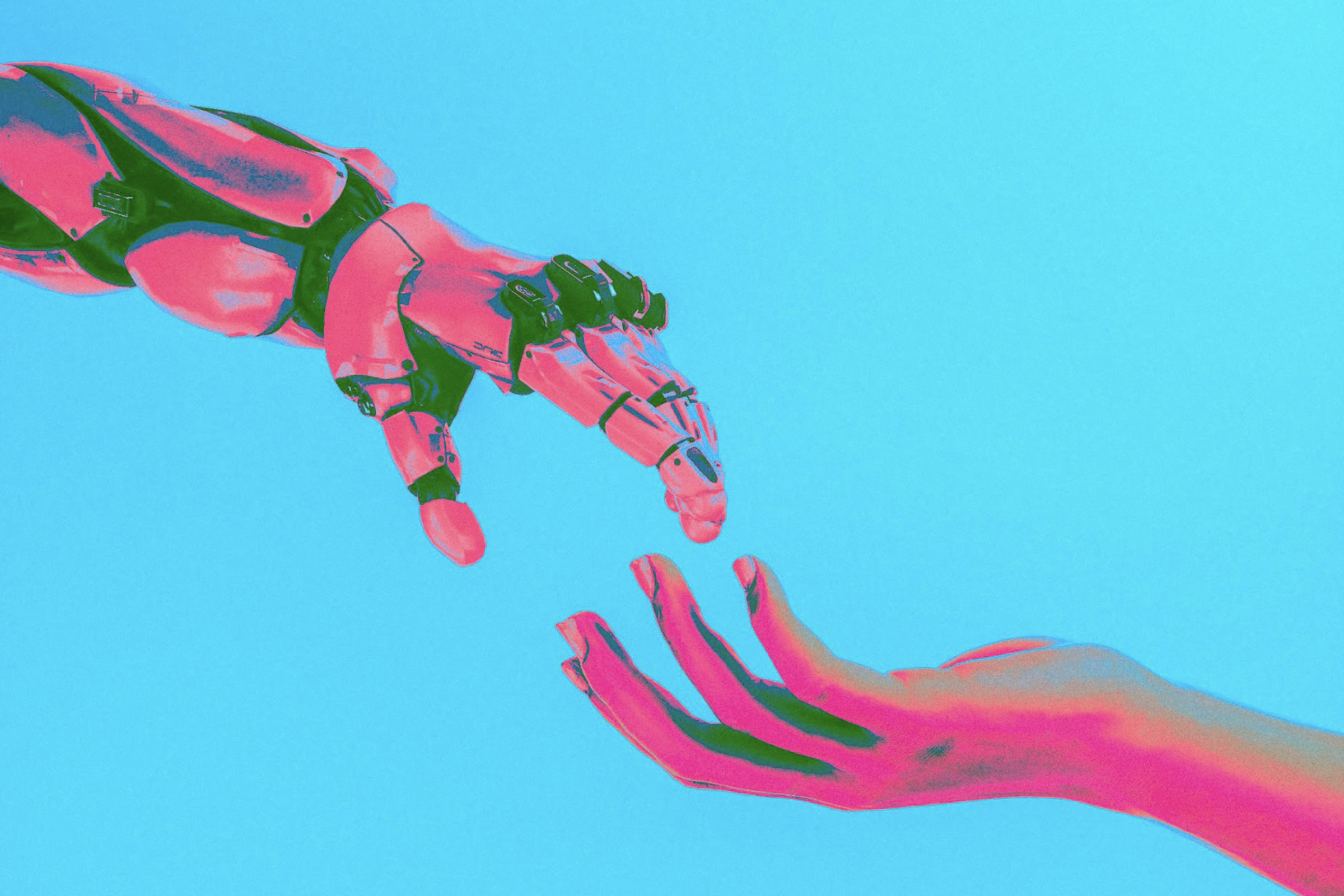 An illustration of a robot hand reaching for a human hand but not touching, evoking “The Creation of Adam.” 