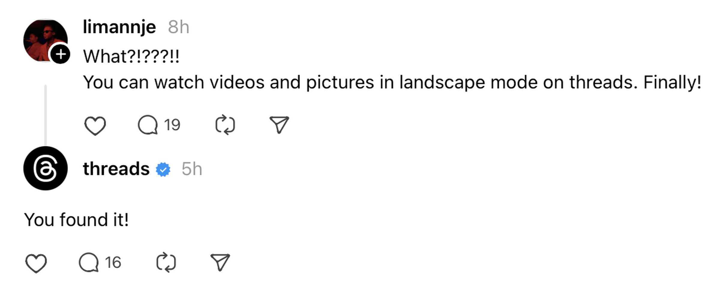 A screenshot of posts confirming that Threads has videos and photos in landscape mode now.