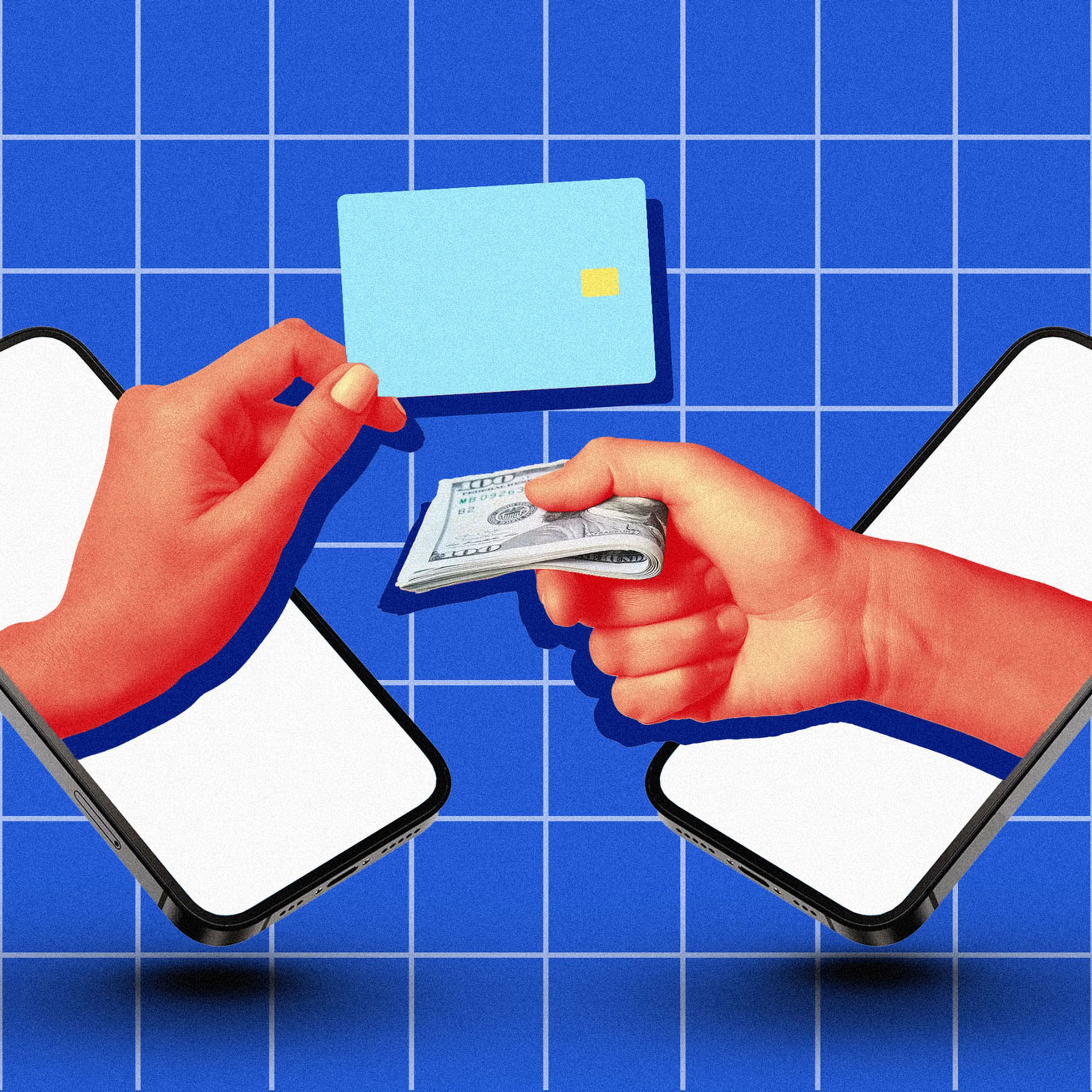 Image of two smartphones with hands emergine from them, one holding cash and another holding a credit card.