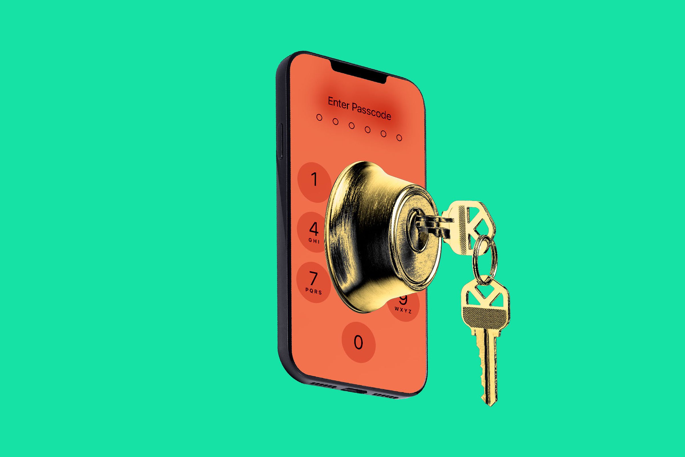 Photo collage of a phone with a deadbolt and key over the passcode number pad.