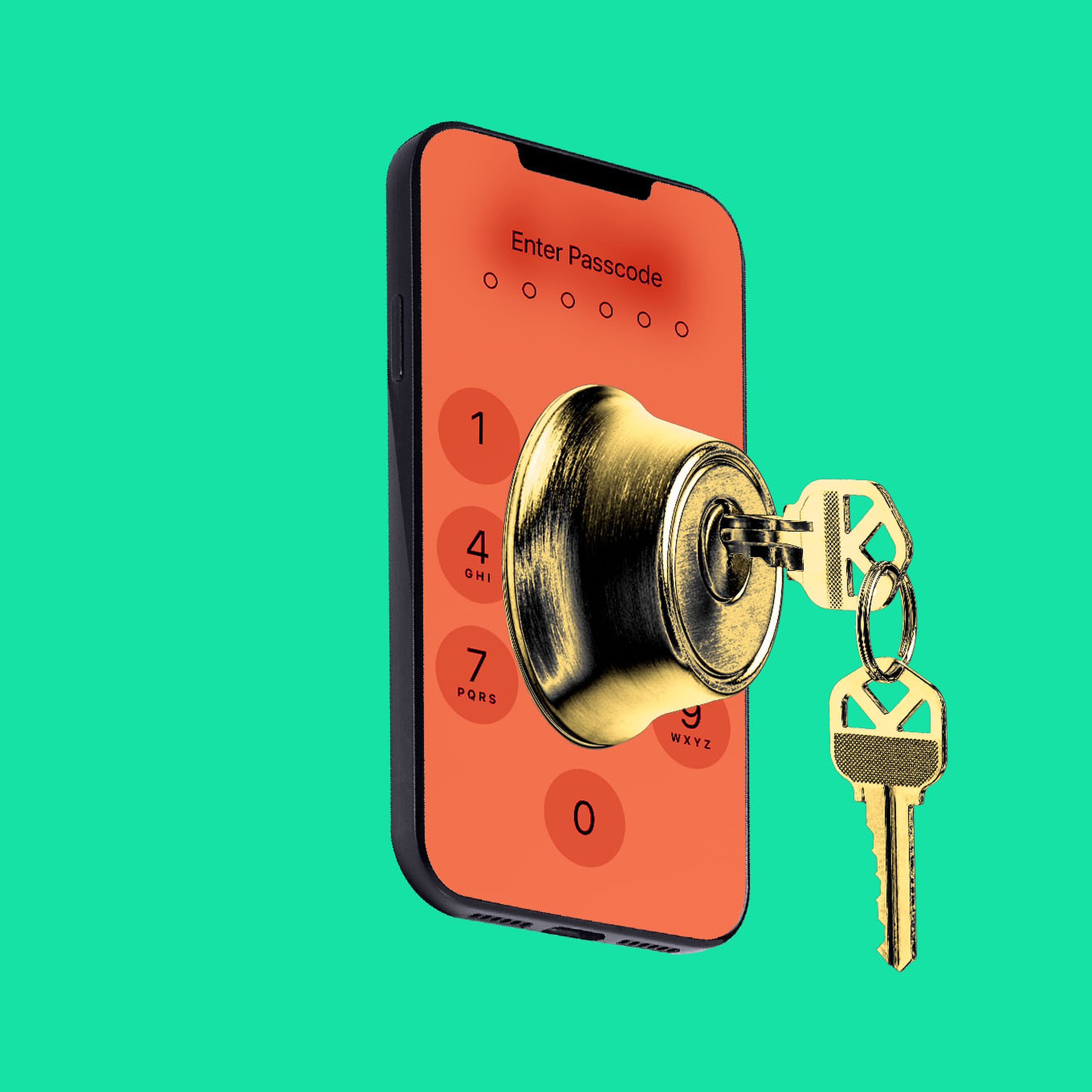 Photo collage of a phone with a deadbolt and key over the passcode number pad.