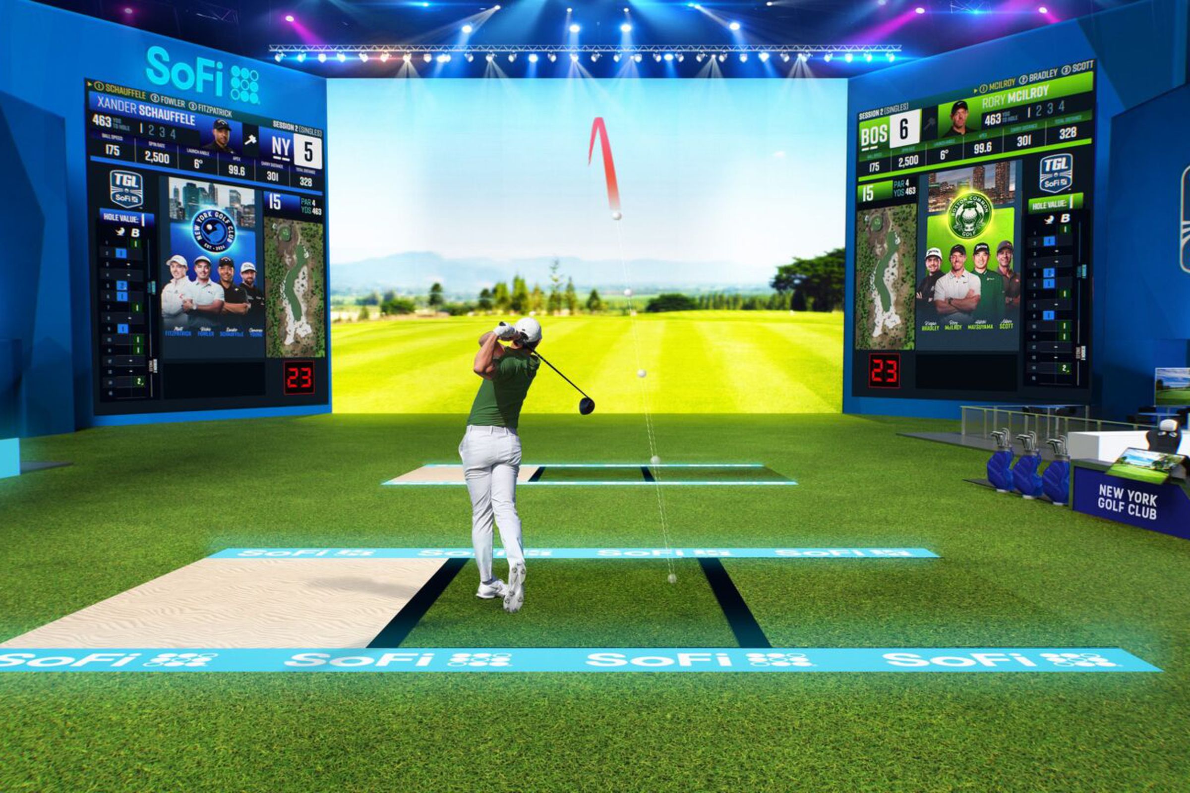 An image showing what you might expect of the TGL league games, showing a person driving a ball at a large screen.