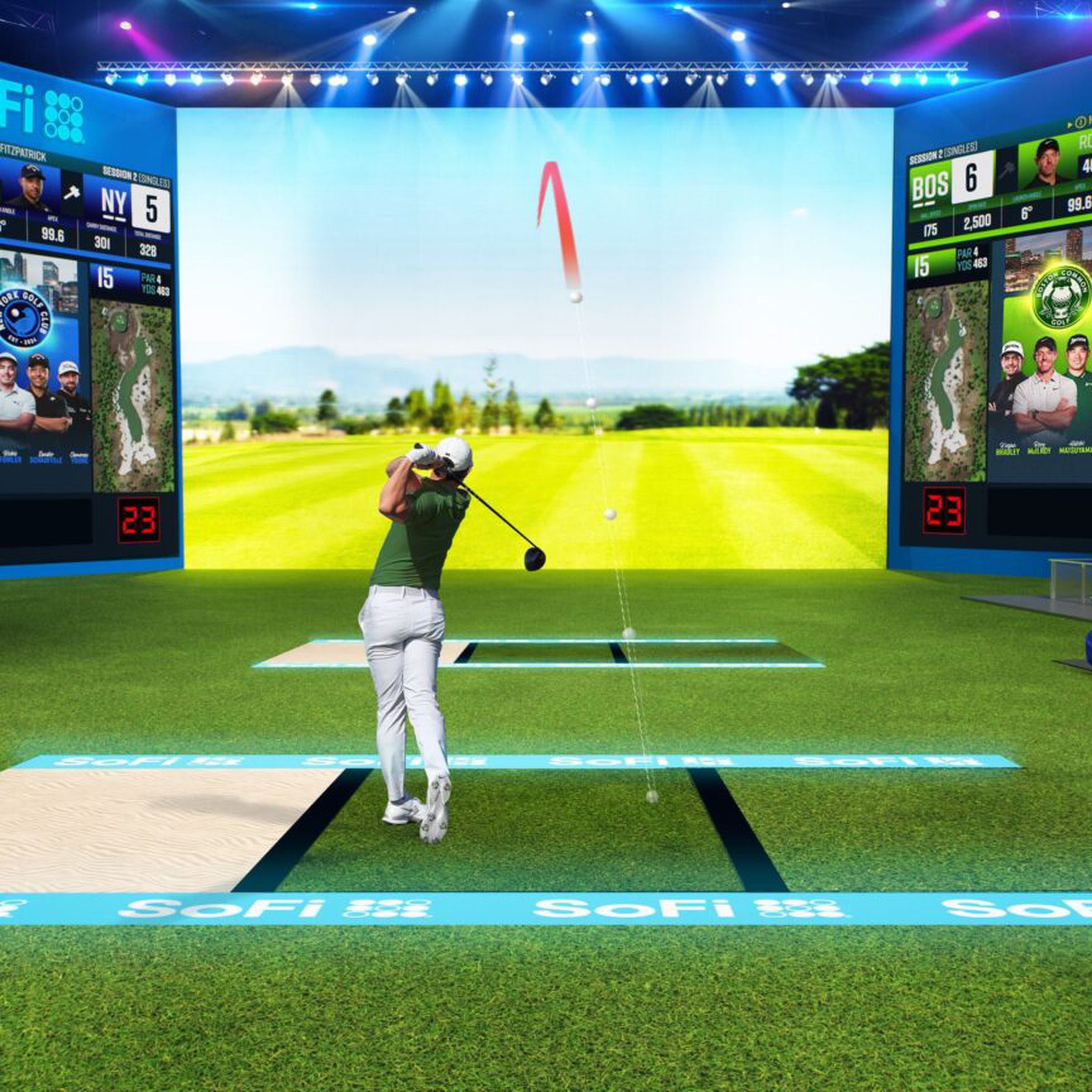 An image showing what you might expect of the TGL league games, showing a person driving a ball at a large screen.